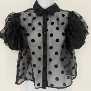 Womens Black Sheer Organza Puff Sleeve Polka Dot Blouse Goth‎ Regency Edgy M